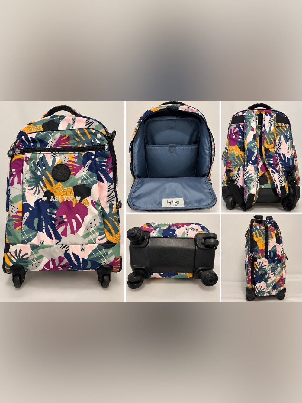 Kipling Tropical Print Rolling Backpack – 17 Inches 🌿💗